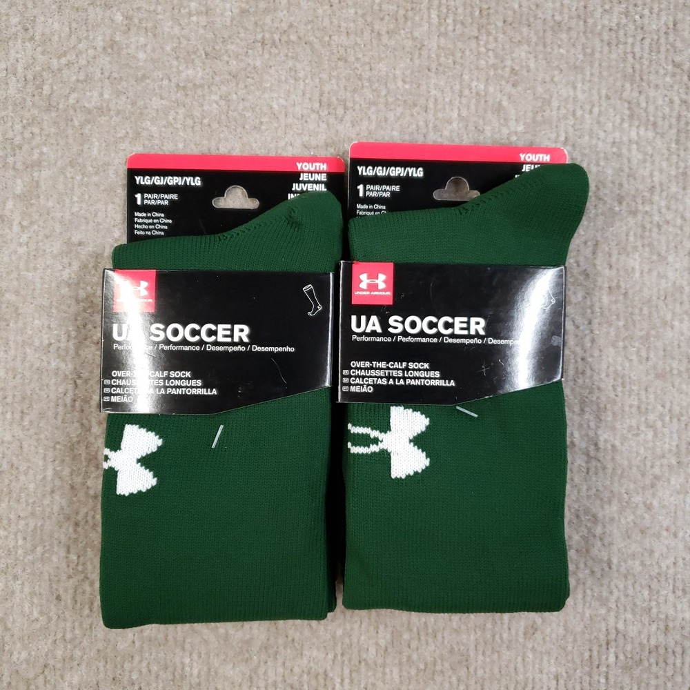 Lot of 2 Pairs Under Armour Soccer Socks Youth Large Green Over Calf Performance